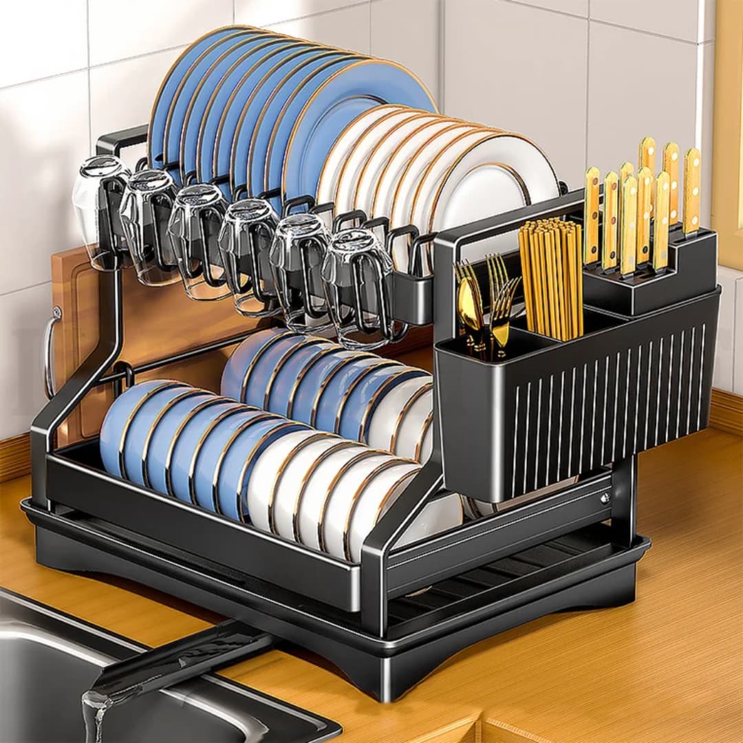 Gemelli Colllection 2 tier carbon steel dish drying rack countertop dish organiser with drainboard utensil holder black white kitchen dish drainer space saving drying rack modern kitchen storage stand 42x32.5x43cm