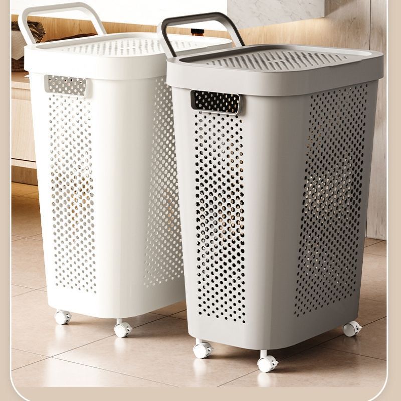 Rolling laundry hamper with lid in white and grey, breathable design with wheels for easy movement