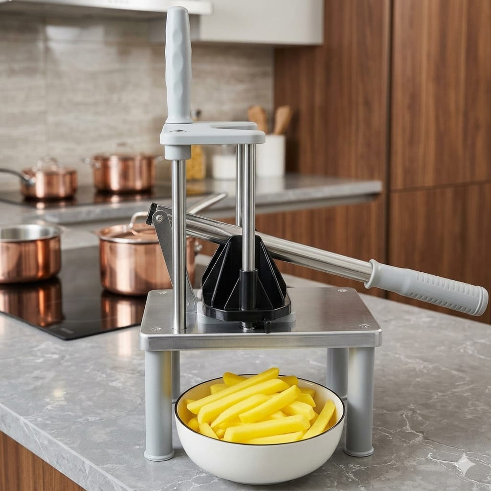 Home potato chipper and chips cutter for cutting potatoes into consistent chip pieces for homemade fries, snacks, and everyday food preparation