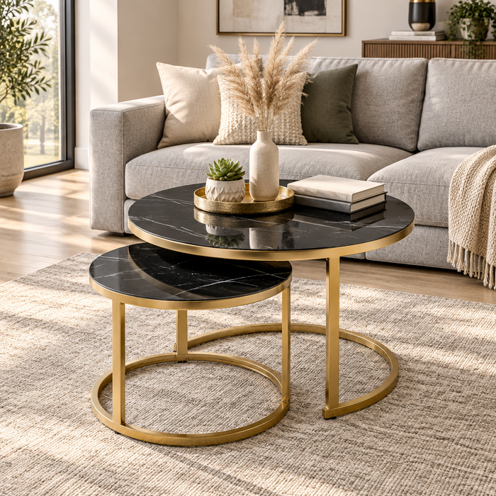 2-Piece Round Black Marble-Pattern Nesting Coffee Table Set, black marble pattern with gold frame - available in Nairobi, Kenya