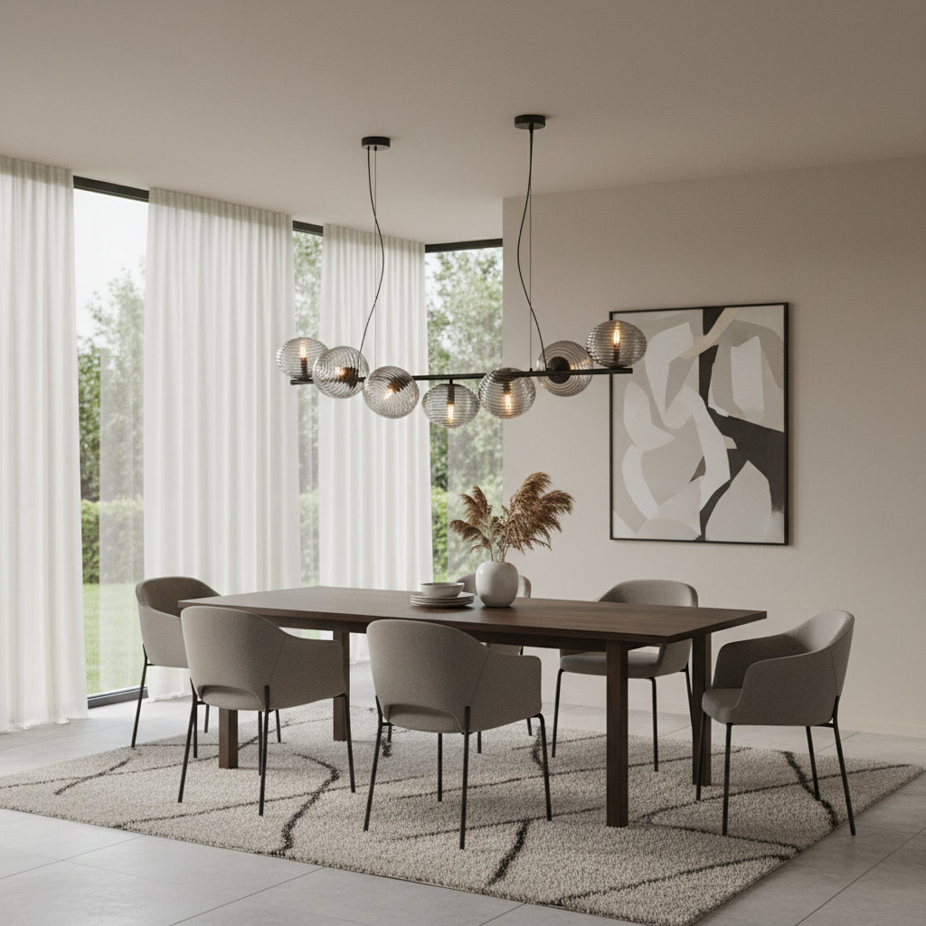 Black linear bar chandelier with seven ribbed smoked glass globes and warm LED filament bulbs for modern kitchen island lighting.