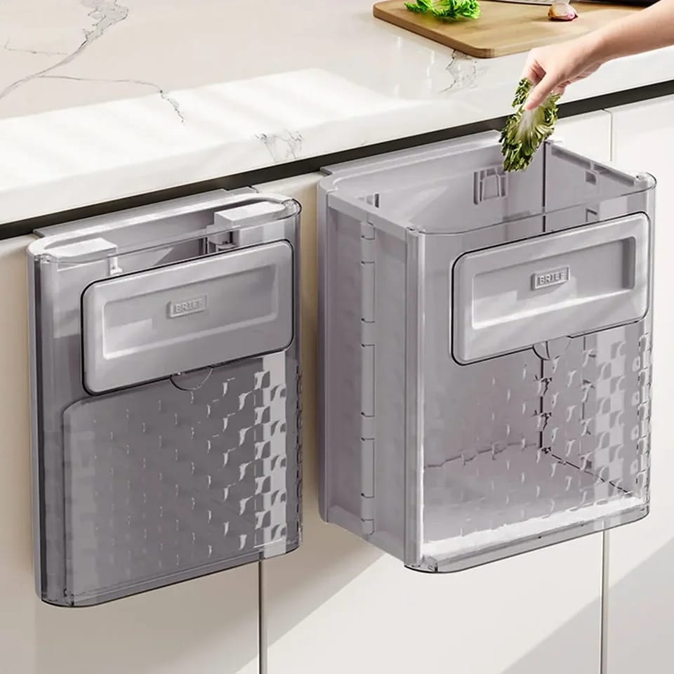 Wall mounted kitchen trash can with space-saving design, durable construction, and odour-control features, available in white and grey