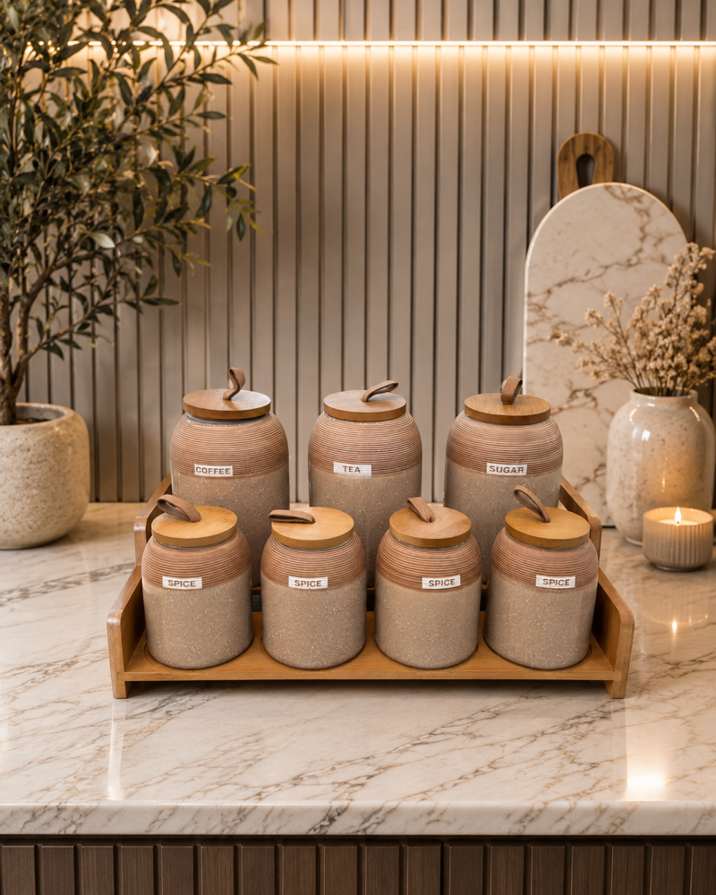 7 Piece Speckled Ceramic Spice Jar Set with Wooden Stand