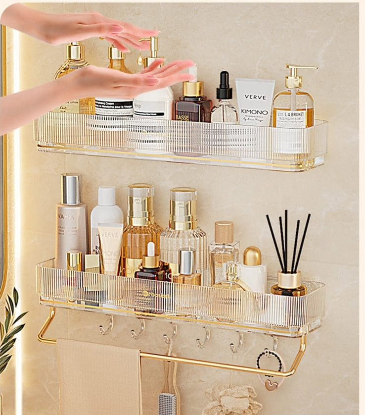 Wall mounted bathroom shelf with towel bar and 6 hooks multifunctional storage organiser for bathroom kitchen bedroom toiletries towels and home storage.