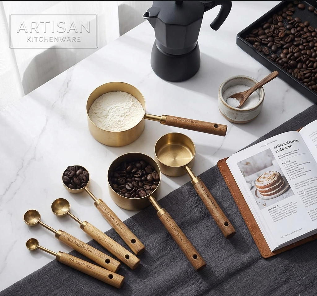 Gemelli Colllection 8pc stainless steel measuring cups and spoons set wood handle baking tools engraved measurements black gold kitchen measuring set durable rust resistant cooking utensils precision baking tool set