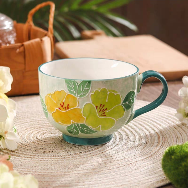 Gemelli Colllection hand painted embossed flower mugs 450ml ceramic mugs limited edition floral design tea coffee cups artistic drinkware set 3 prints decorative ceramic mugs unique handmade style beverage mugs gift mugs elegant floral embossed cup set