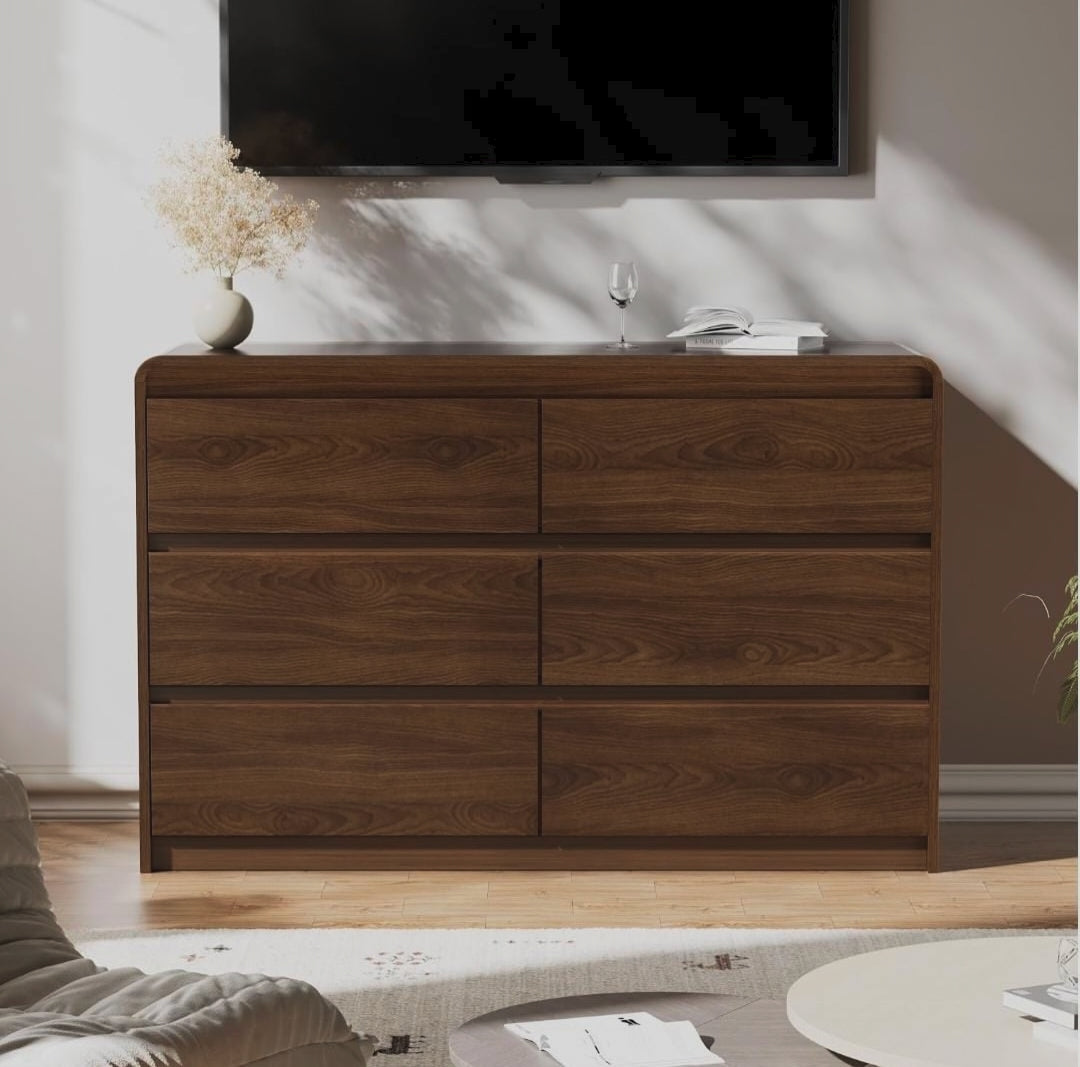 Walnut 6-Drawer Dresser Chest of Drawers with Anti-Tipping Structure 47-Inch