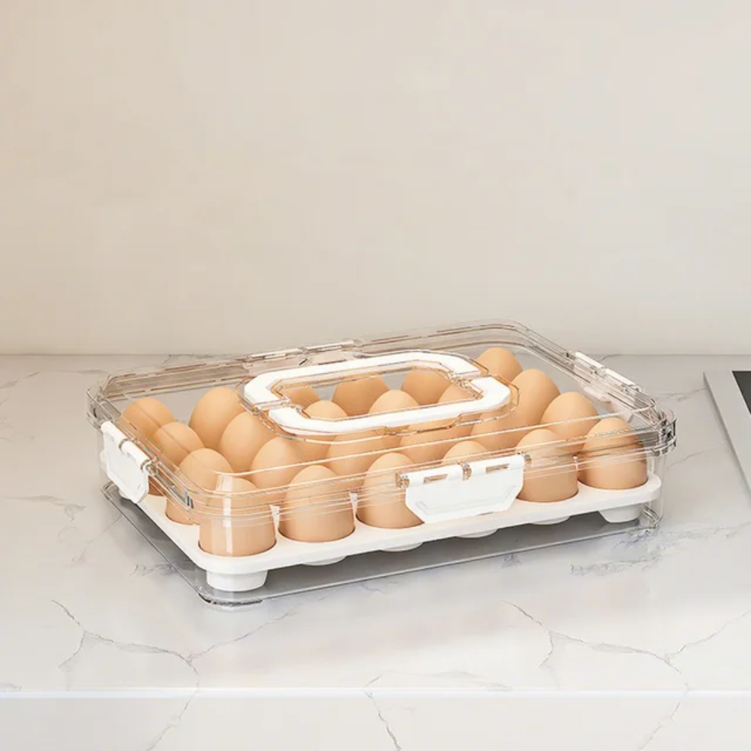 Gemelli Colllection hard acrylic egg holder with handles 24 egg storage tray transparent kitchen organiser egg storage box fridge egg container durable acrylic egg holder modern kitchen storage solution