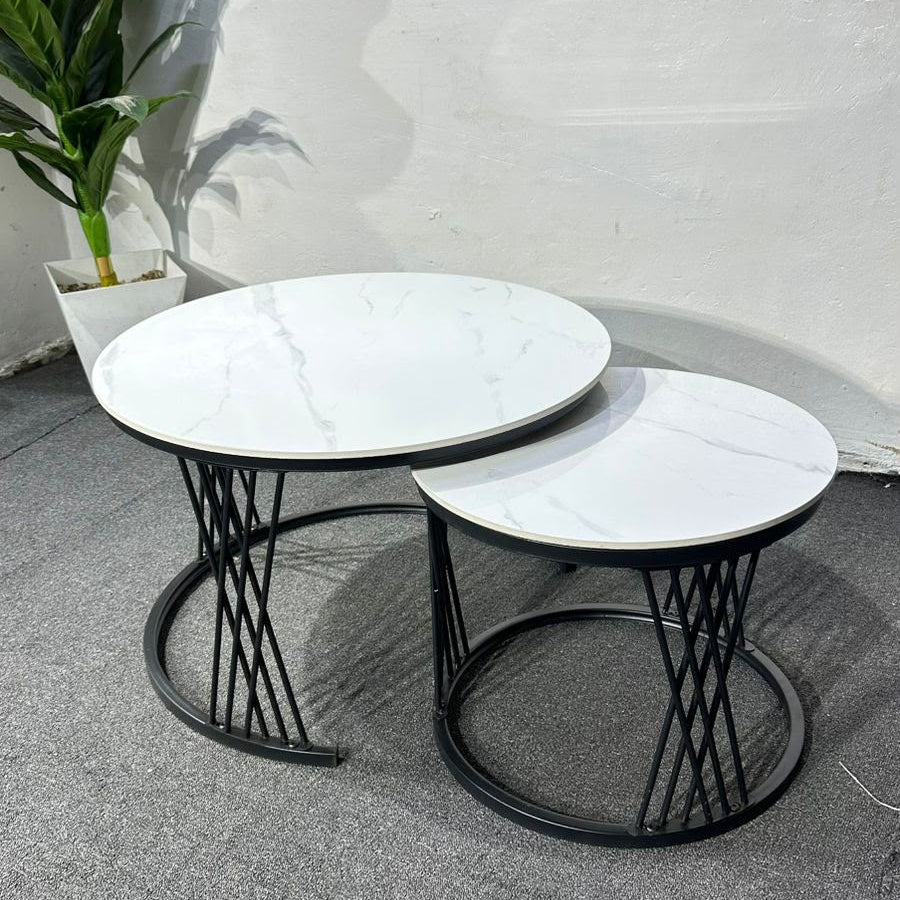 Black Metal Nesting Coffee Table Set with White Marble Top