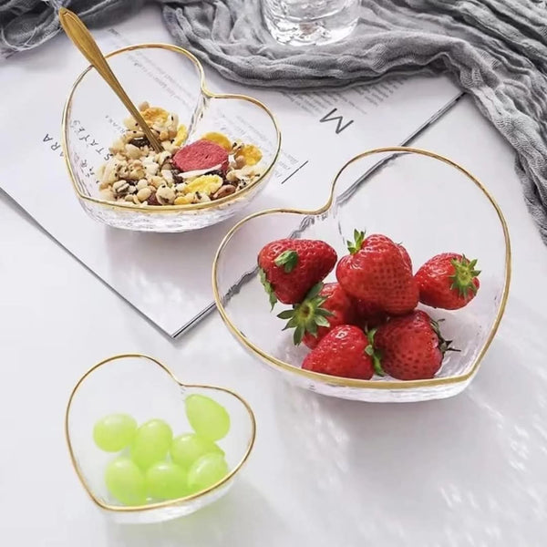 3 piece heart shaped glass bowl set with elegant golden trim and hammered glass pattern for serving