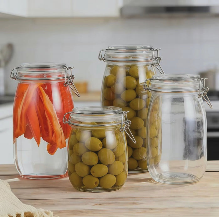 Gemelli Collections airtight glass storage jars in 500ml, 750ml, 1000ml and 1500ml sizes for cereals, grains, spices, snacks and pasta.