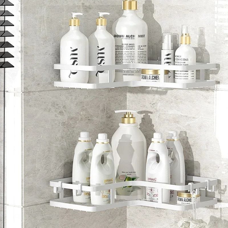 2-piece corner multipurpose storage caddy set rust resistant wall mounted corner shelves with self adhesive installation for bathroom kitchen toilet living room organisation available in black and white.