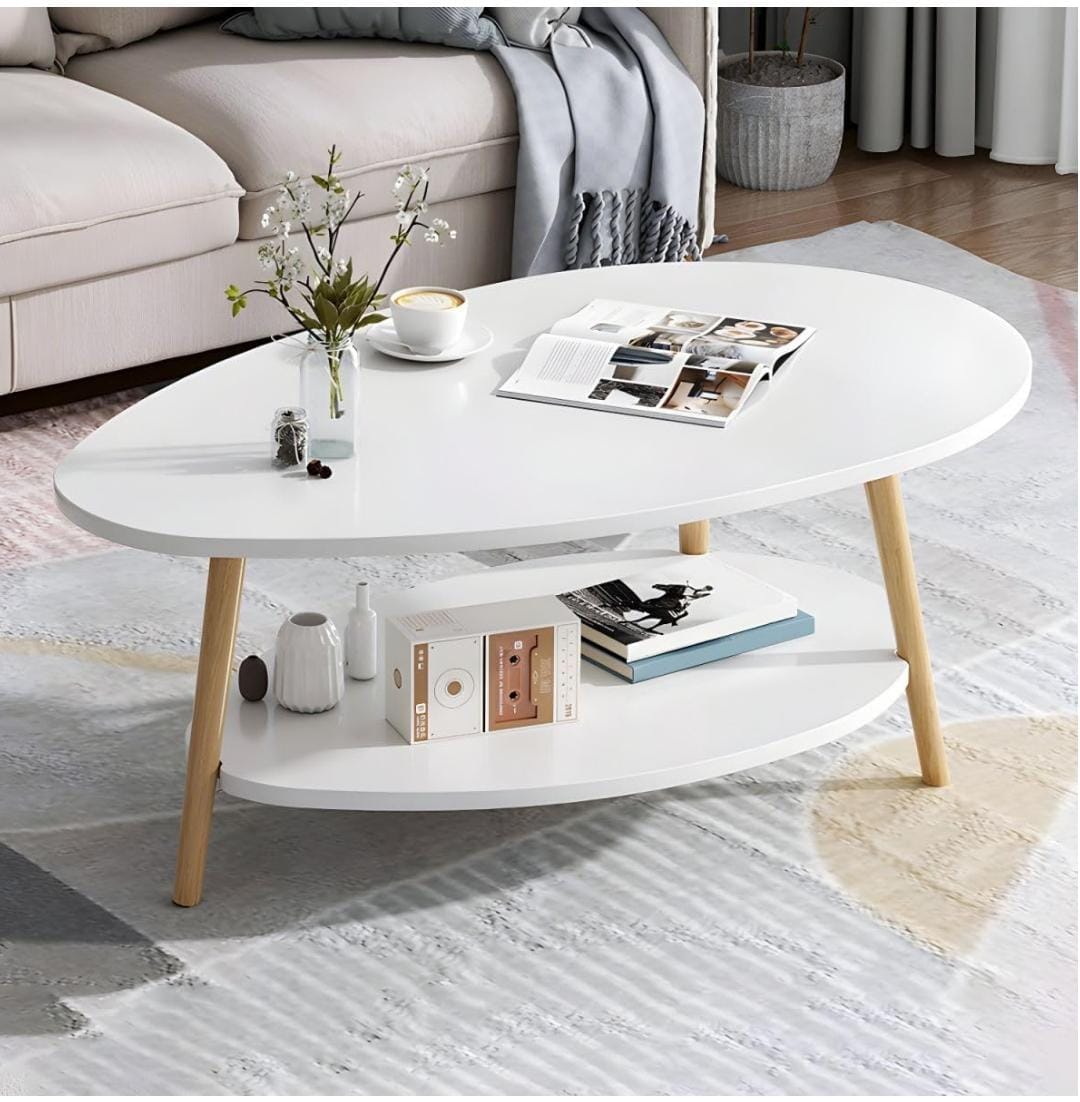 White tear drop coffee table with double-layer storage design measuring 90cm x 50cm x 42cm for living room organisation and display.