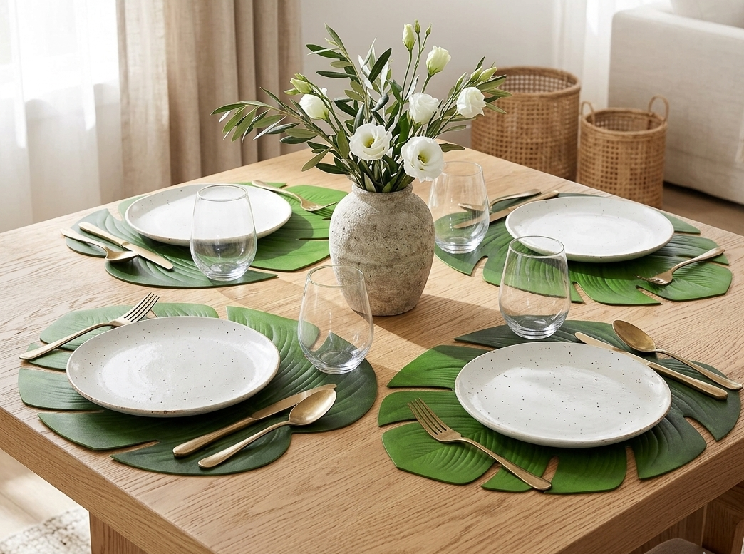 Gemelli Colllection 4pc leafy green table mats EVA waterproof heat resistant placemats turtle leaf shape dining table mats kitchen dining restaurant placemats set 46x39cm elegant table protection mats