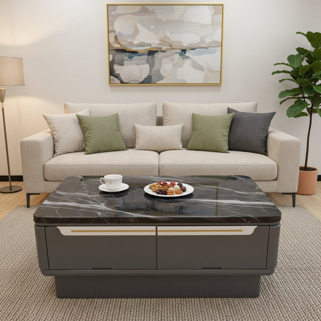 Black and white marble patterned coffee table with concealed pull out storage compartments FCT1278