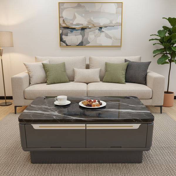 Black and white marble patterned coffee table with concealed pull out storage compartments FCT1278