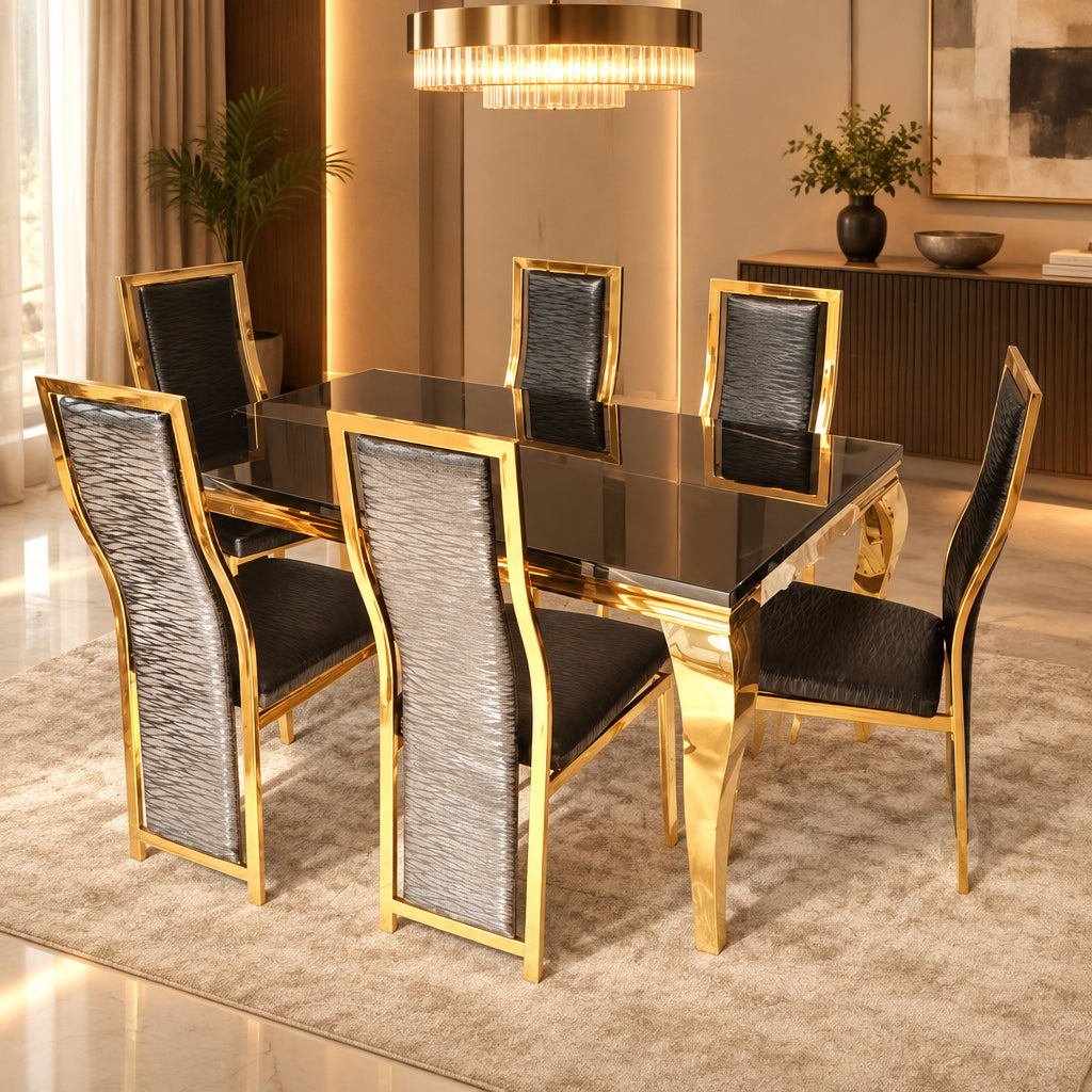6-Seater  Marbletop  Dining Set with Black Chairs