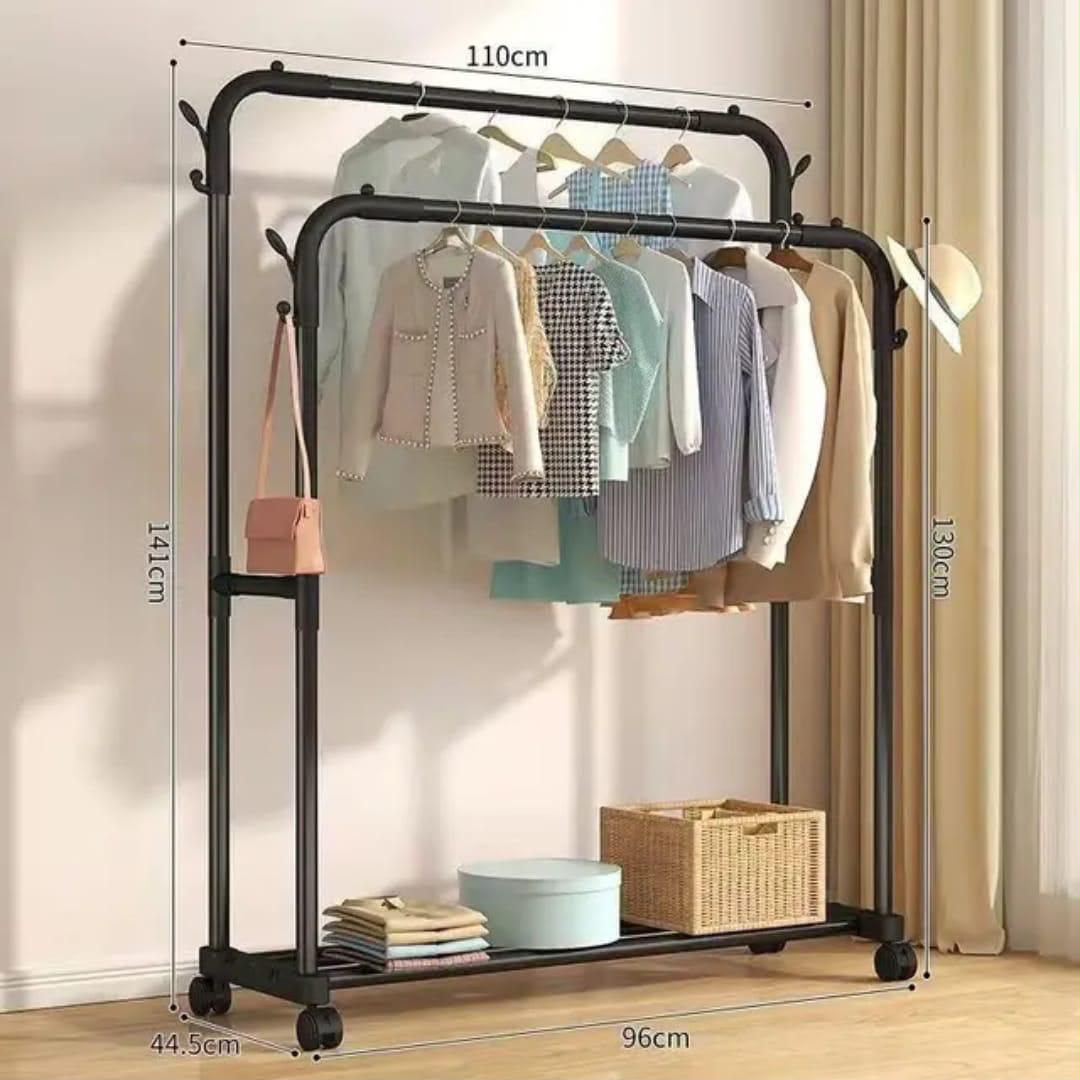 Double Pole Wheeled Clothes Rack with Shoe Rack