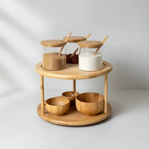 bamboo rotating spice rack spinning countertop organiser for spice jars herbs seasonings condiments kitchen storage and pantry organisation.