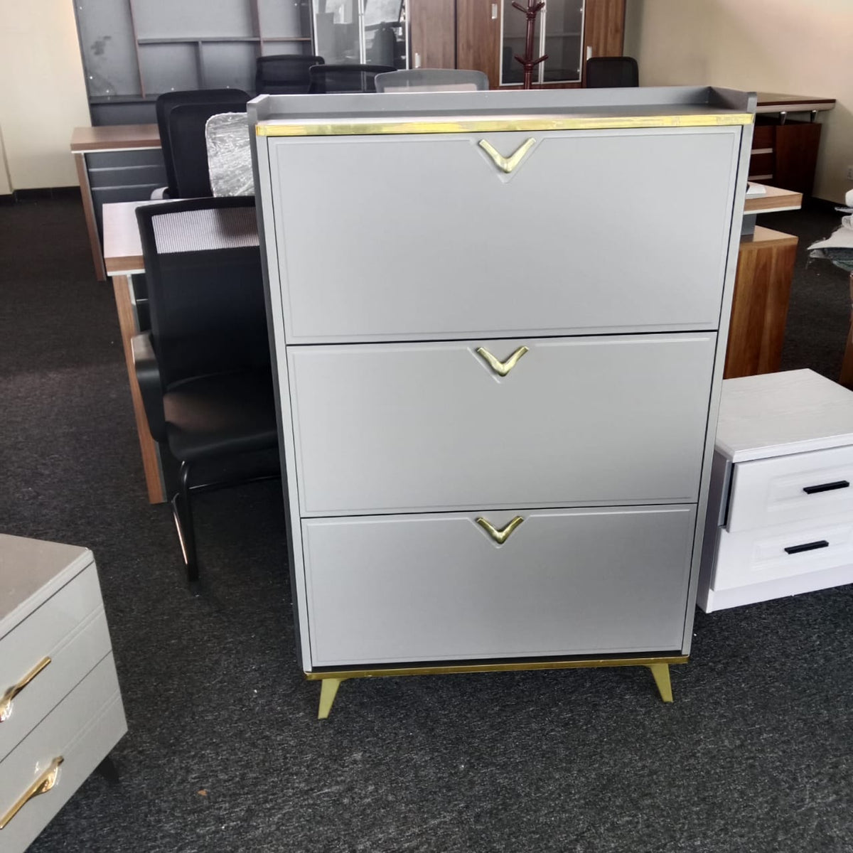 Grey And Gold Flip Shoe Cabinet 90cm x 17cm x 120cm