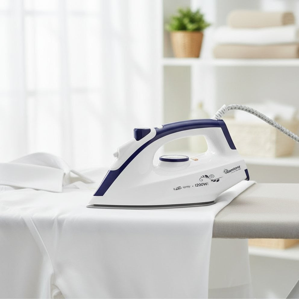 white and blue dry iron with non-stick soleplate and detachable spray tank