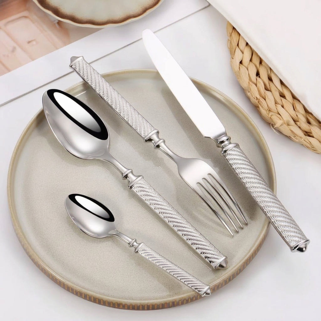 24-Piece Engraved Stainless Steel Cutlery Set in Silver