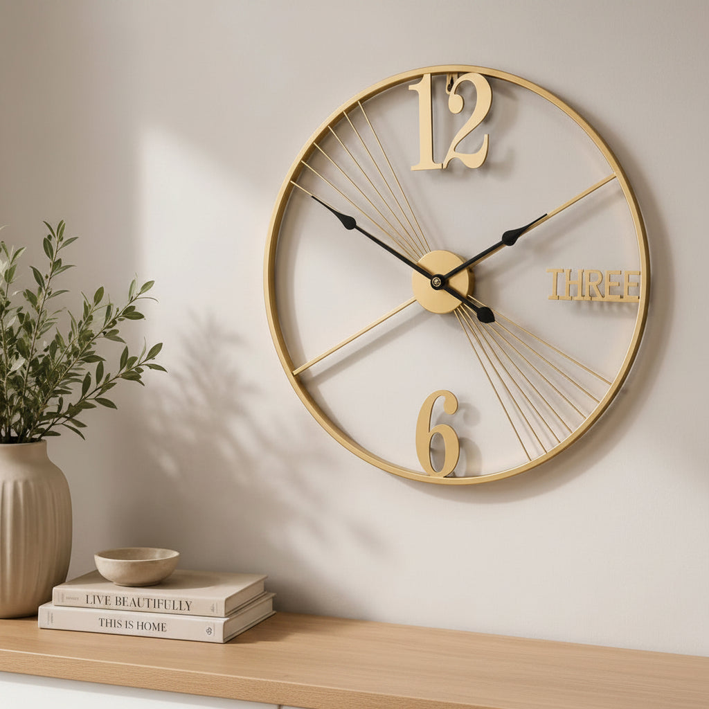 Golden metal wall clock for living rooms, bedrooms, offices, dining areas, reception spaces, hallways, and decorative interior wall display