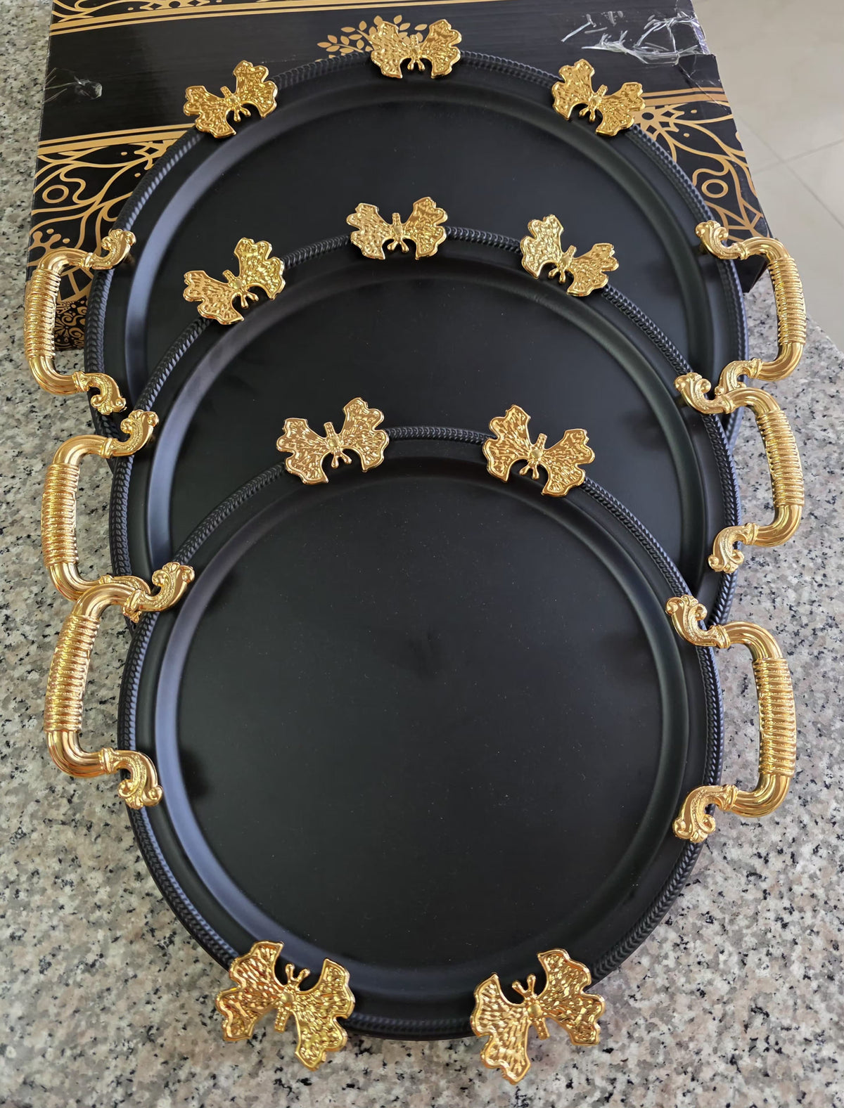 3-Piece Stainless Steel Serving Trays with Gold Handles