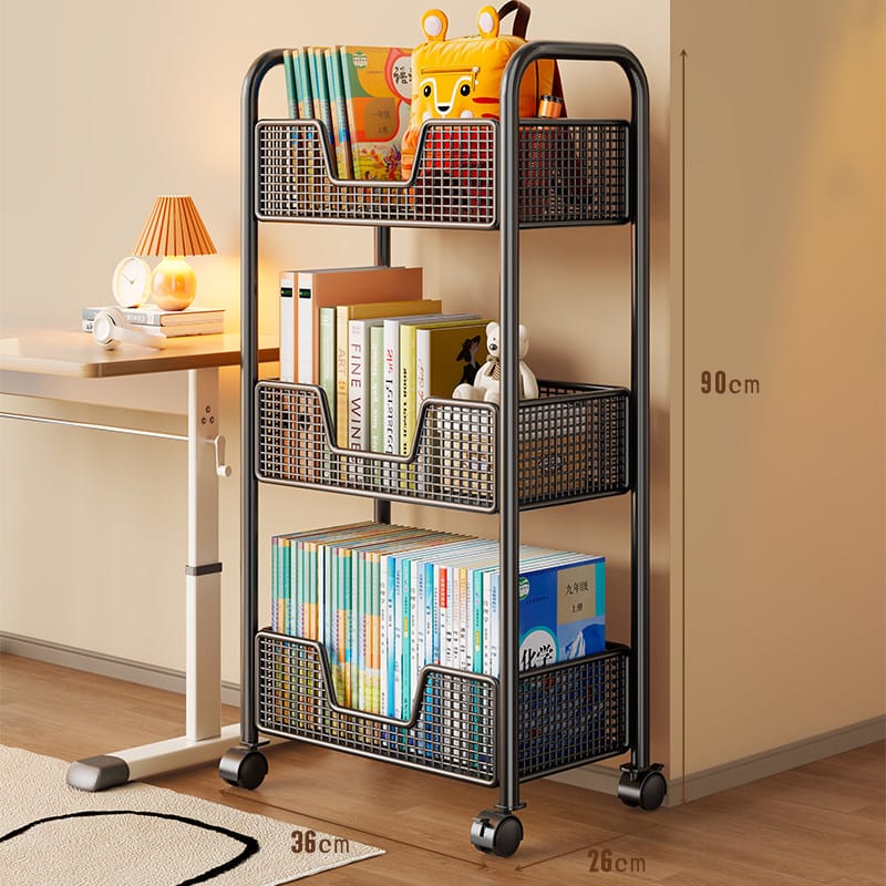 3-layer rotating carbon steel mesh storage trolley with universal castor wheels for organising fruits, vegetables, kitchen supplies, toiletries, and household essentials