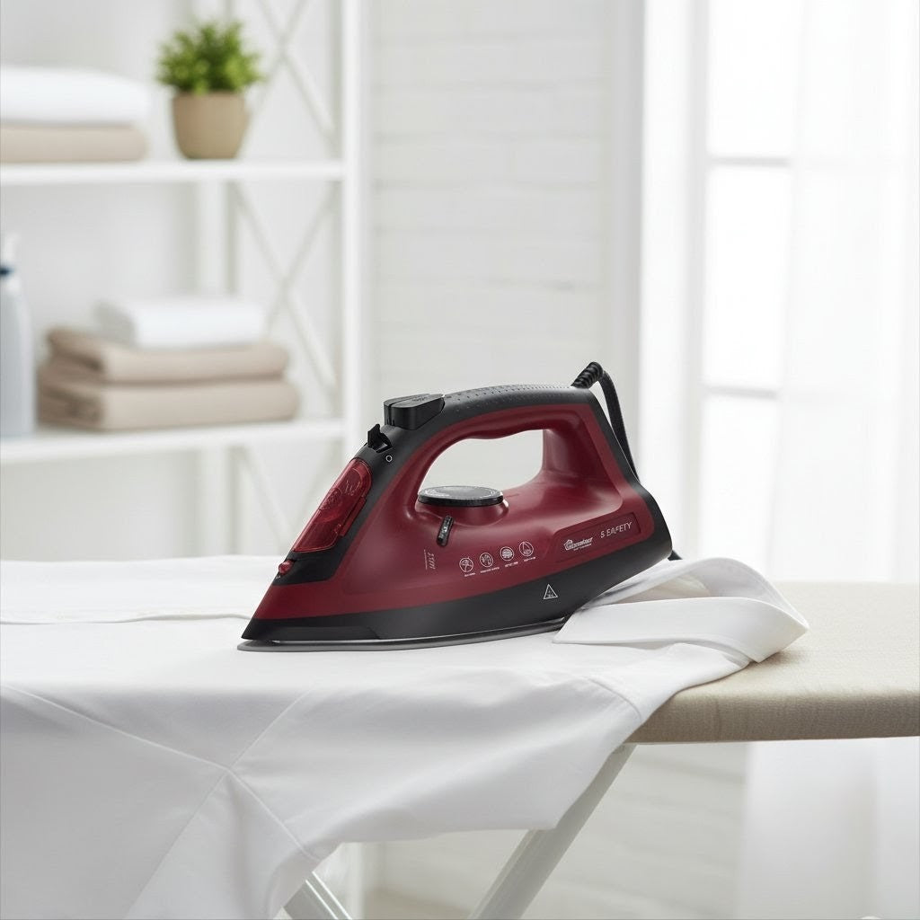 red steam iron with non-stick soleplate and 320ml water tank