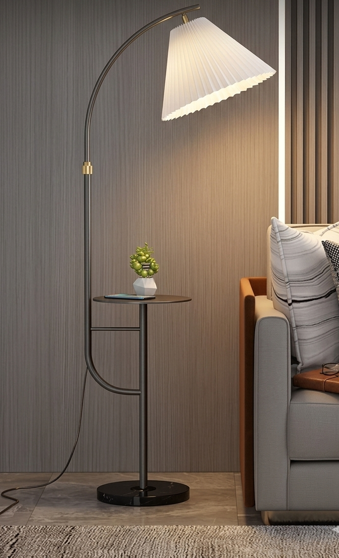 Arc floor lamp with built-in round side table, black stand with gold detailing and pleated shade