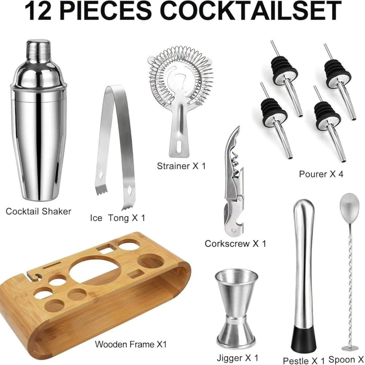 12 Piece  Stainless Steel Cocktail Shaker Set with Bamboo Stand 750ml