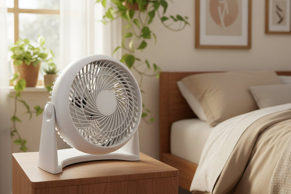9 inch white table fan with compact design and strong airflow for small room cooling. 