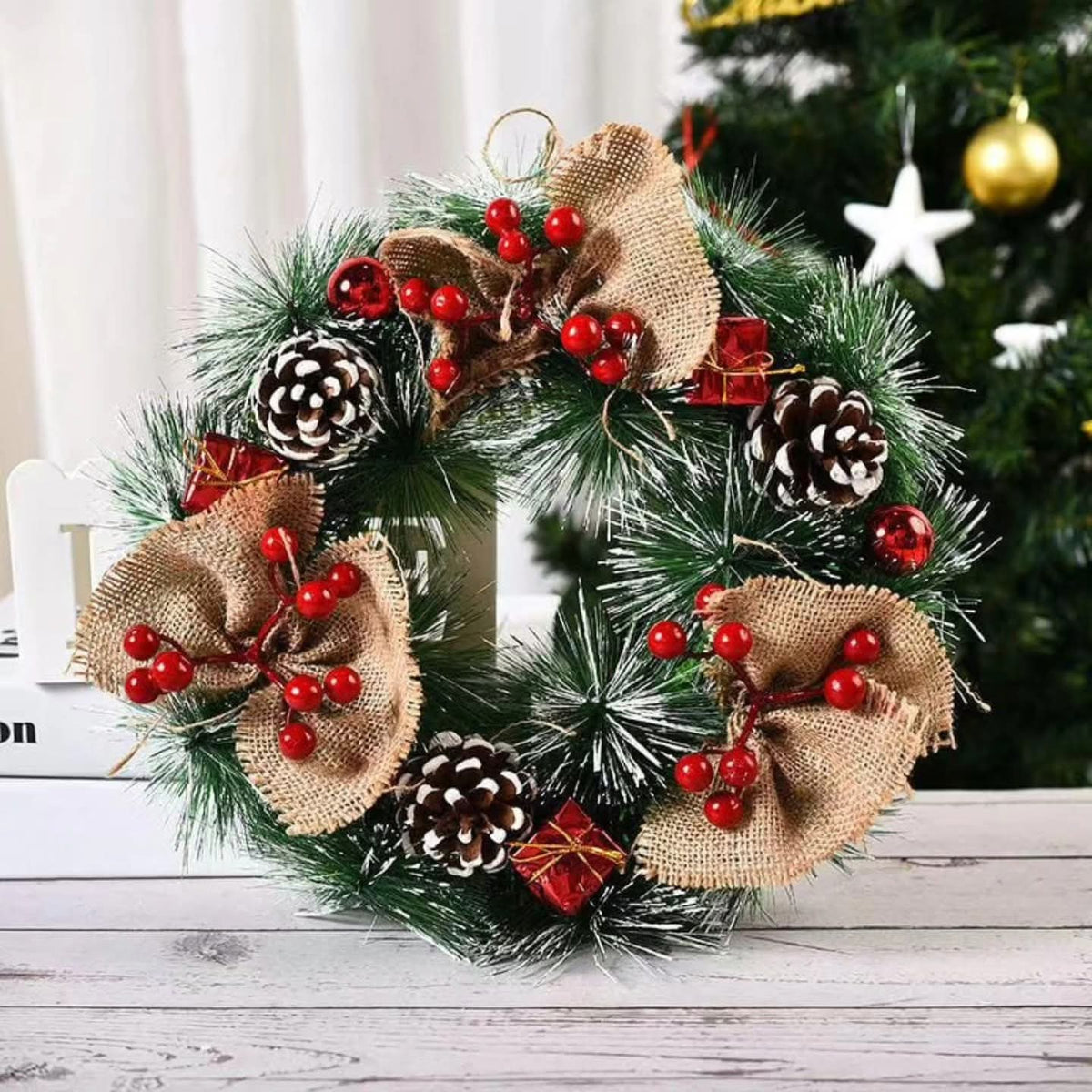 32cm Snow Christmas Wreath with Pine Cones and Berries