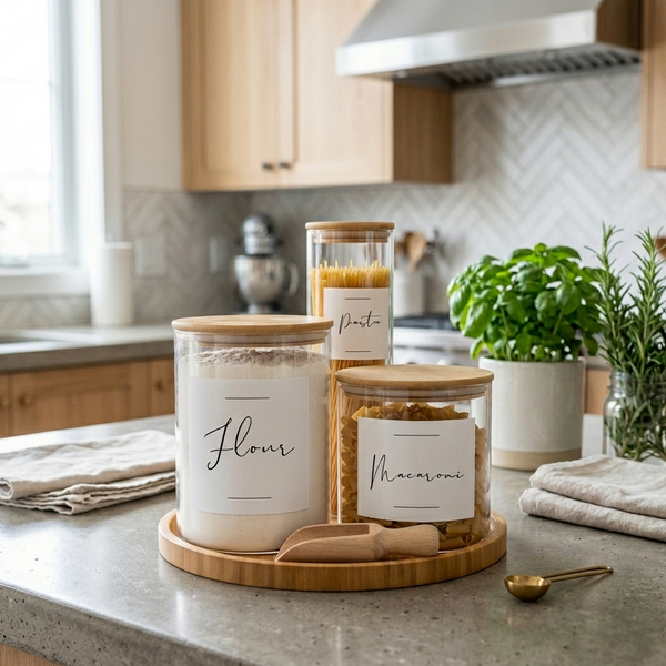 Gemelli Collection 5-piece borosilicate glass storage set with bamboo lids, scoop and tray for kitchen and laundry organization