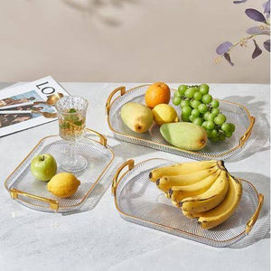 3-piece clear striped serving tray set with gold rimmed handles, available in rectangular and oval shapes.