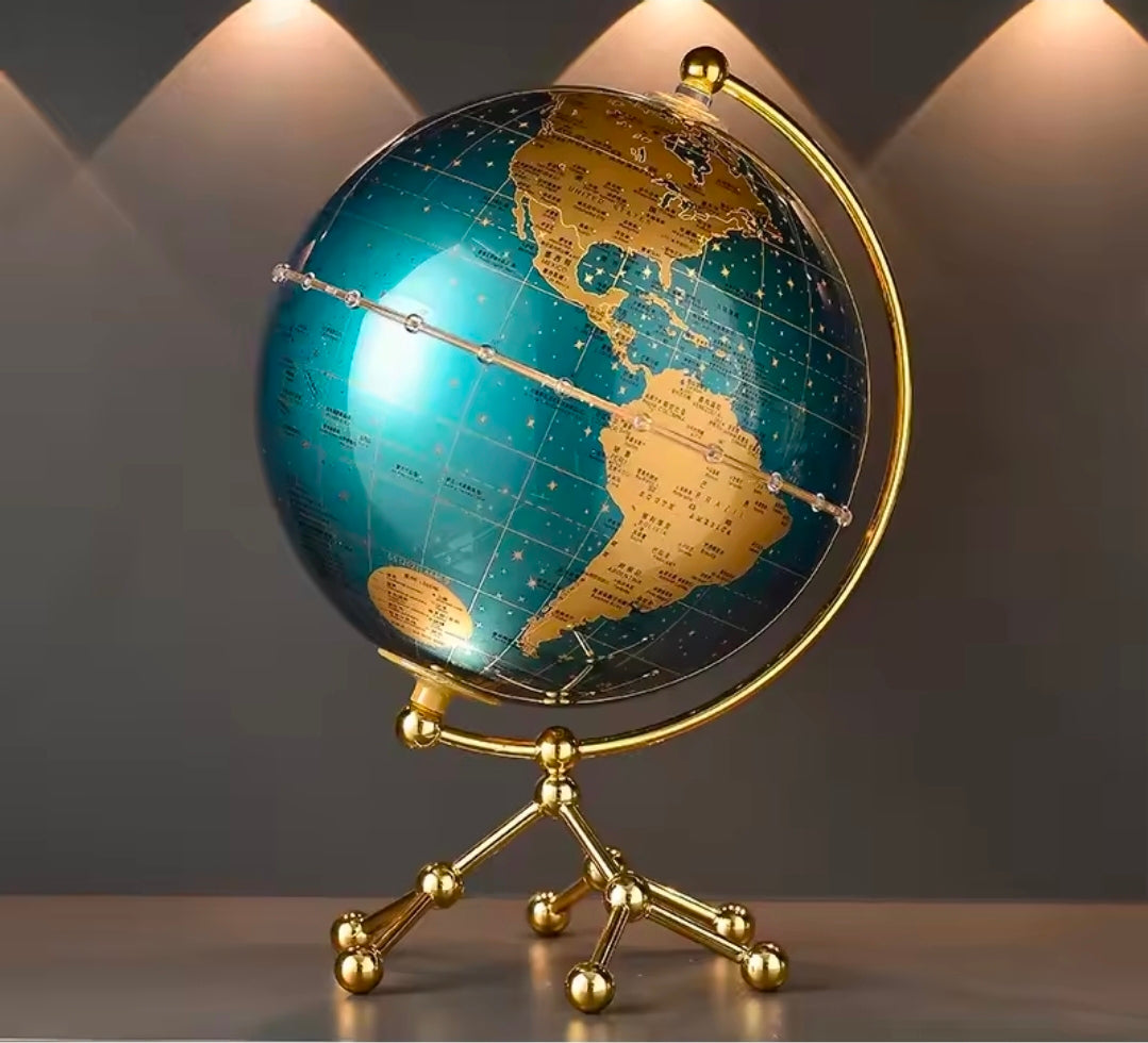 Gemelli Colllection LED world globe map with metal stand full gold illuminated décor globe luxury office desk globe modern home decorative world map light contemporary study room globe ornament with LED lighting