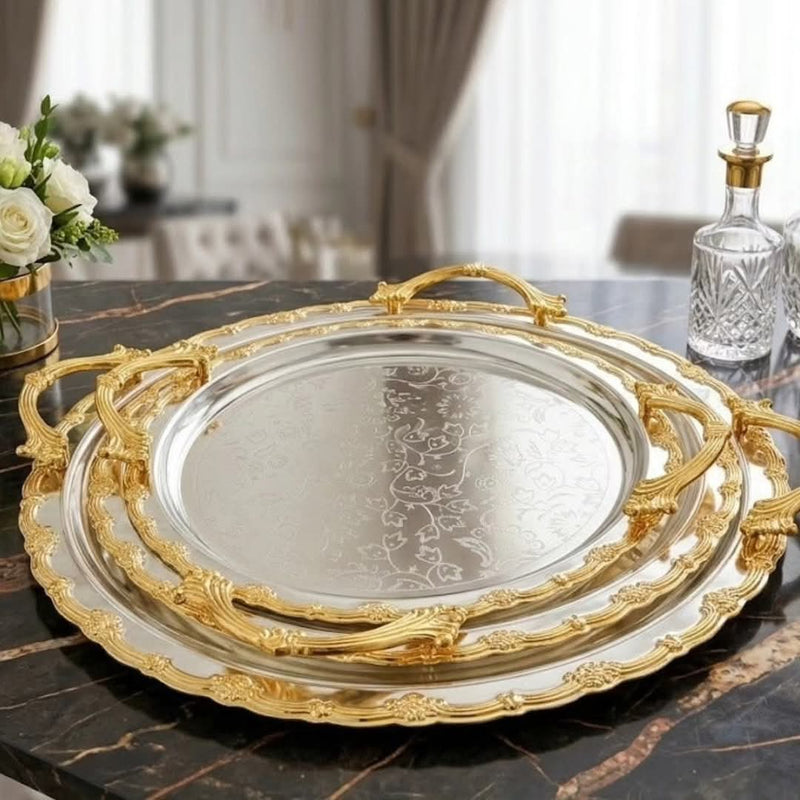 Gemelli Colllection 3 piece round gold plated premium serving tray set in 30cm 35cm and 40cm sizes elegant decorative trays for serving drinks snacks desserts tea coffee home décor styling dining table displays centrepieces and special events