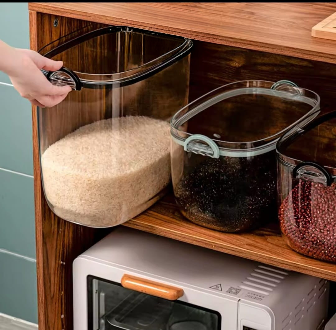 10kg acrylic airtight rice and cereal storage container with a convenient scoop for organised kitchen and pantry storage