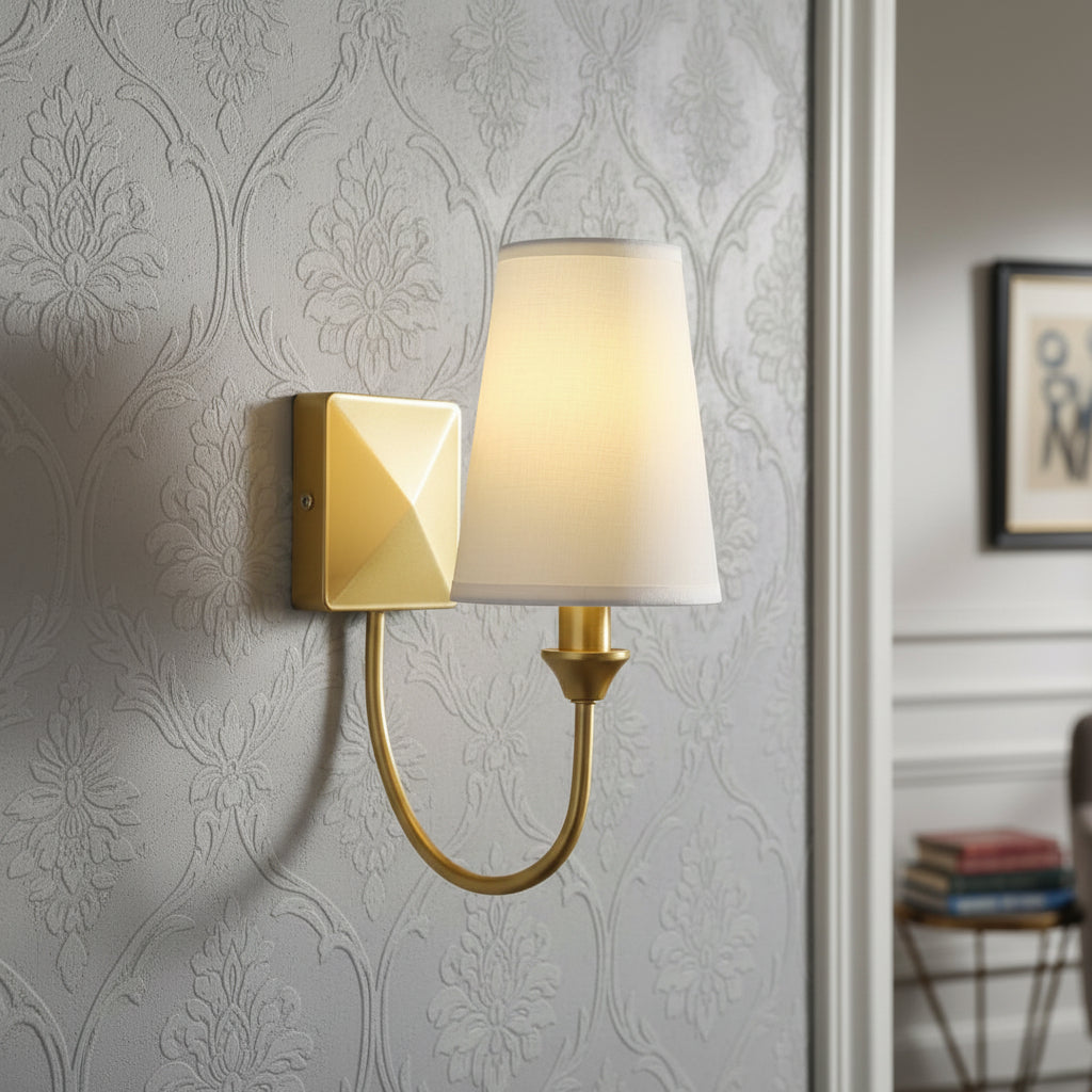 Golden and white fabric wall lamp with iron frame, elegant E14 indoor decorative lighting fixture