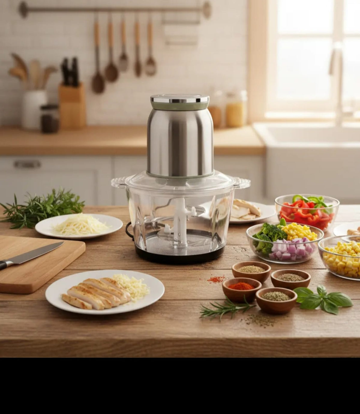 3L food chopper with 4-leaf blades, 2 gears, and 2 speed settings, featuring a 304 stainless steel body for everyday kitchen food preparation