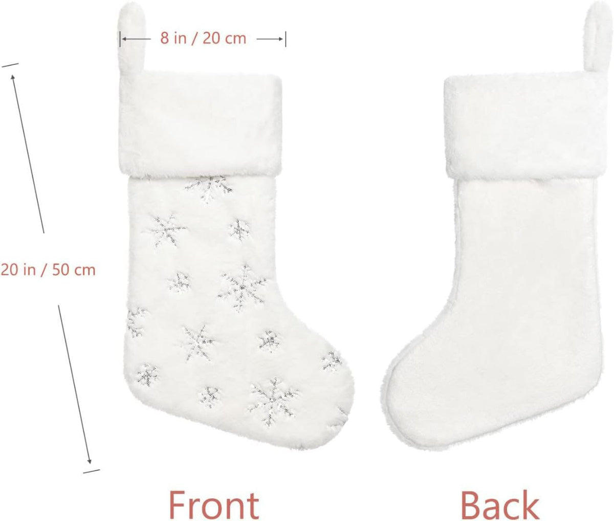 4-Pack White Faux Fur Christmas Stockings with Silver Sequin Snowflakes