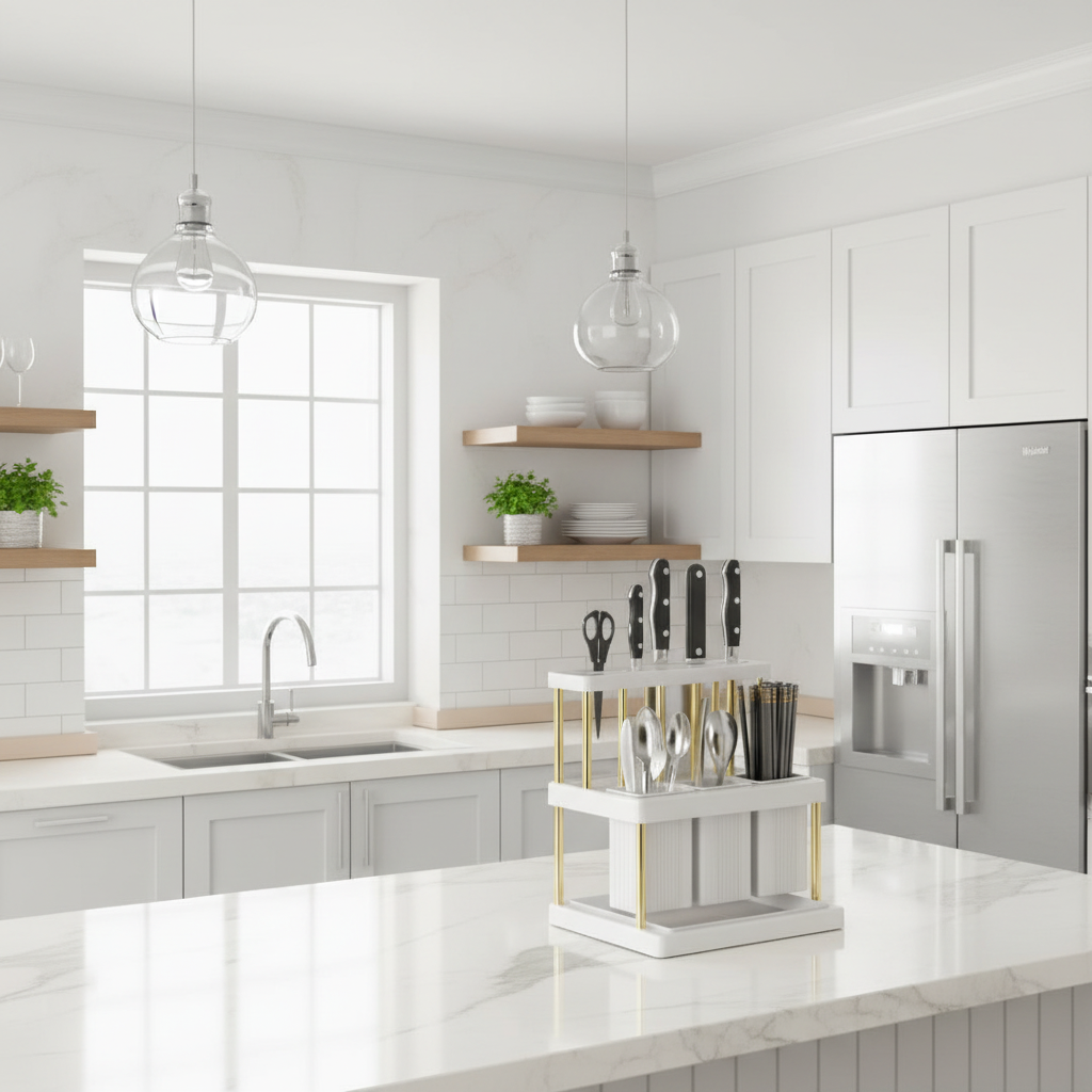 White kitchen cutlery and chopstick holder with three spoon slots and golden rods