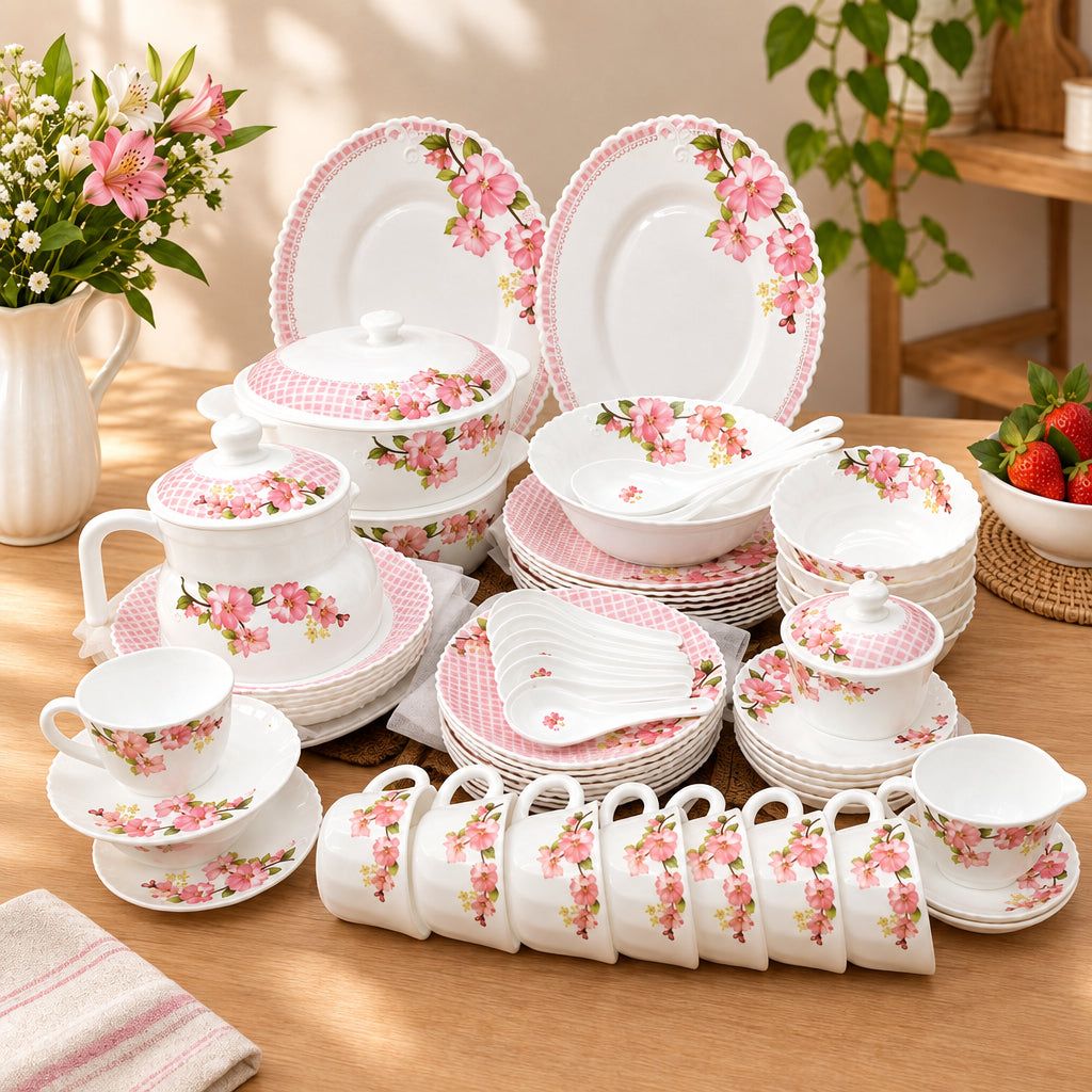 72pcs Arc Opal Round White Flowered Dinner Set with plates, bowls, cups, saucers and serving accessories