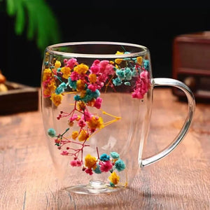 Double-Wall Borosilicate Glass Mug with Pressed Floral Design – 350ml