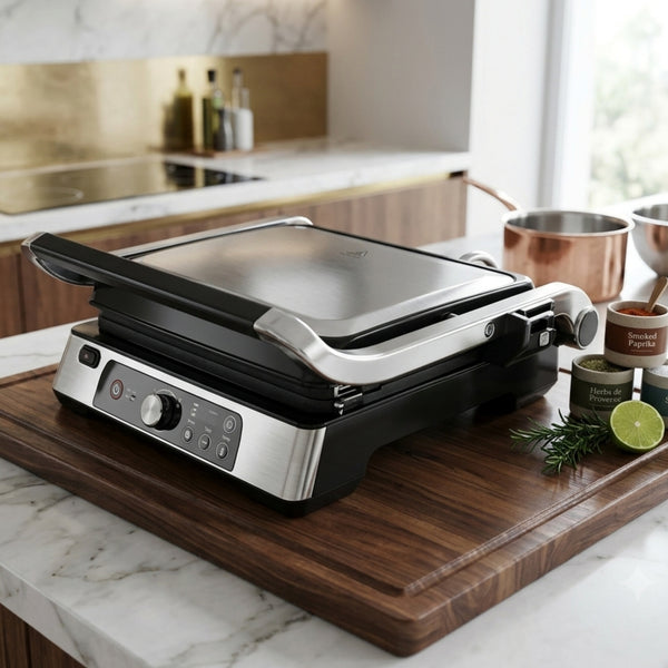 Philips 5000 Series HD6301/90 contact grill with adjustable temperature control, removable non-stick plates, floating hinge, and 180-degree tabletop grilling function.