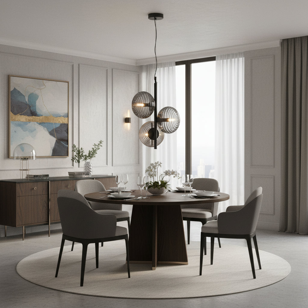 Black sculptural pendant light with three ribbed smoked glass shades in staggered arrangement for modern ambient interior lighting.