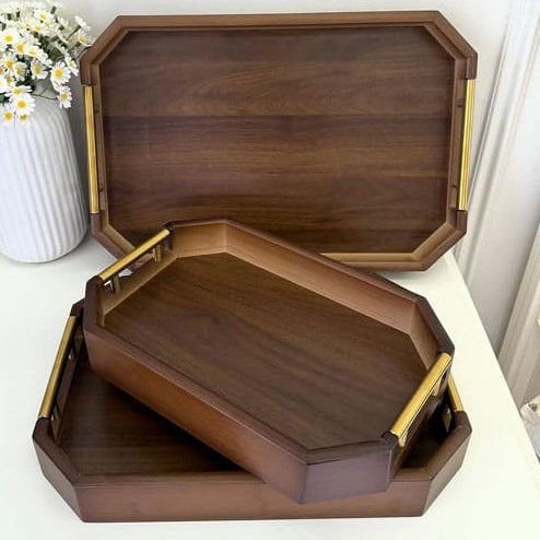 3-Piece Wooden Serving Tray Set with Gold Metal Handles