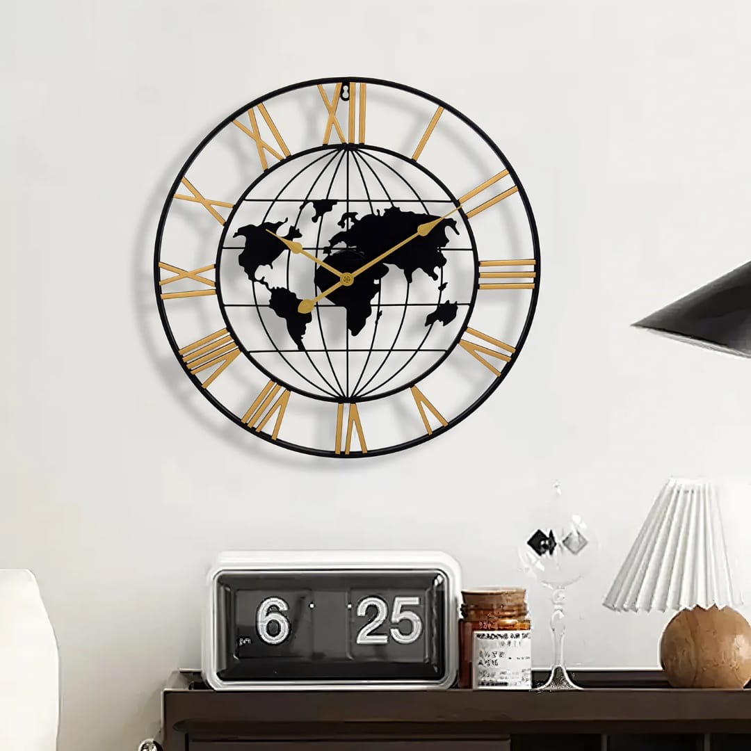 60cm metallic world map wall clock with Roman numeral hour markers for living rooms, bedrooms, offices, reception areas, study rooms, and interior wall décor