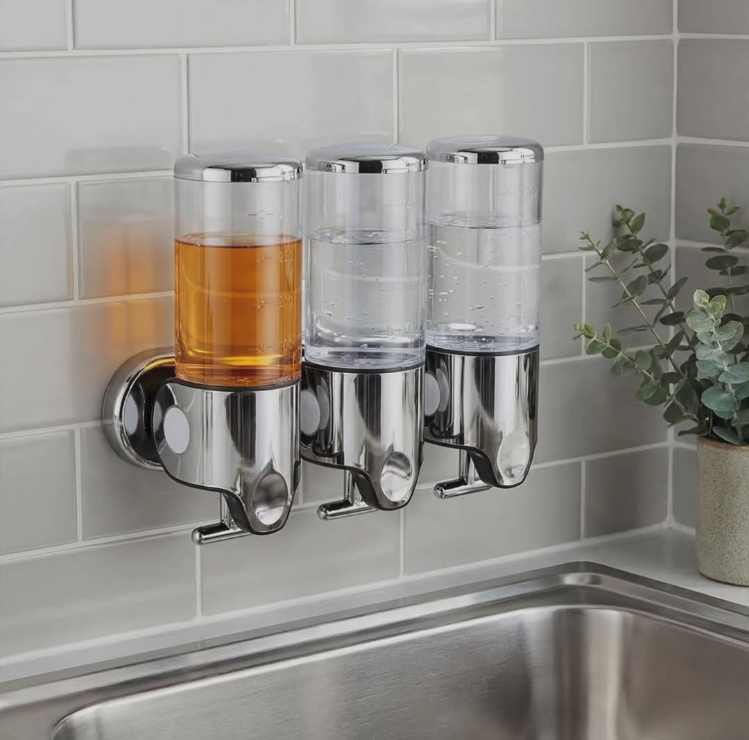 Wall Mounted Multi Chamber Soap Dispenser – Refillable Manual Pump Organizer for Shampoo, Conditioner, Hand Soap, and Kitchen Cleaning Liquids